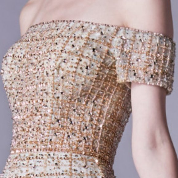 NEW CHAMPAGNE/BLUE PARTY EVENING OFF THE SHOULDER MODERN BEADED BALLGOWN AL0724 - Picture 7 of 13